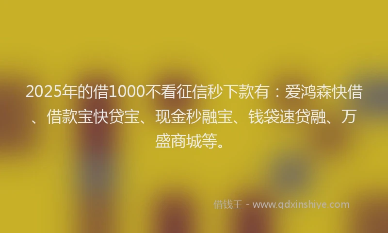 2025年的借1000不看征信秒下款有：爱鸿森快借、借款宝快贷宝、现金秒融宝、钱袋速贷融、万盛商城等。