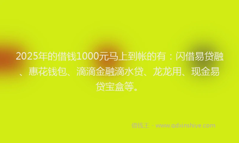 2025年的借钱1000元马上到帐的有：闪借易贷融、惠花钱包、滴滴金融滴水贷、龙龙用、现金易贷宝盒等。