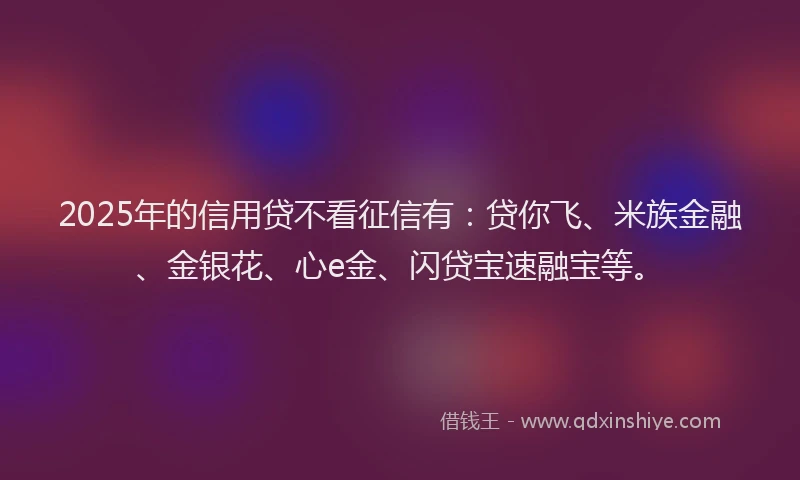 2025年的信用贷不看征信有：贷你飞、米族金融、金银花、心e金、闪贷宝速融宝等。
