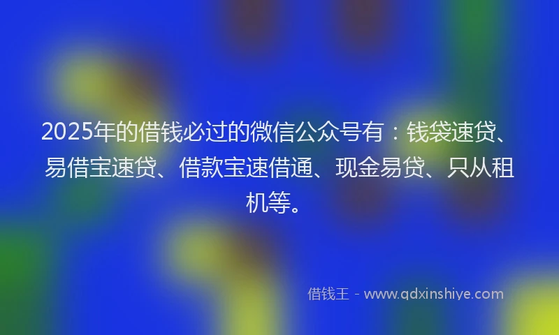 2025年的借钱必过的微信公众号有：钱袋速贷、易借宝速贷、借款宝速借通、现金易贷、只从租机等。