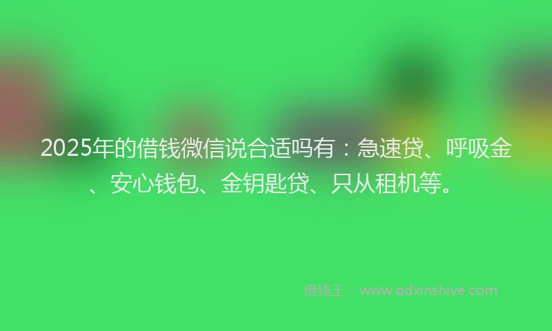 2025年的借钱微信说合适吗有：急速贷、呼吸金、安心钱包、金钥匙贷、只从租机等。