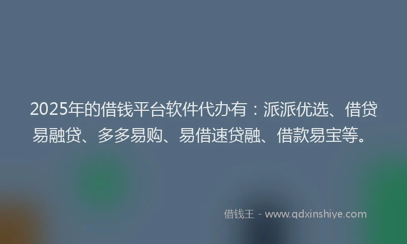 2025年的借钱平台软件代办有：派派优选、借贷易融贷、多多易购、易借速贷融、借款易宝等。