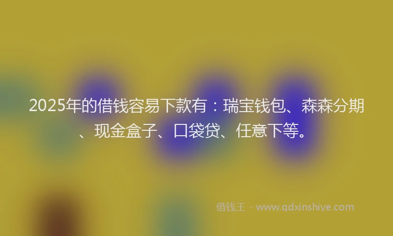 2025年的借钱容易下款有：瑞宝钱包、森森分期、现金盒子、口袋贷、任意下等。