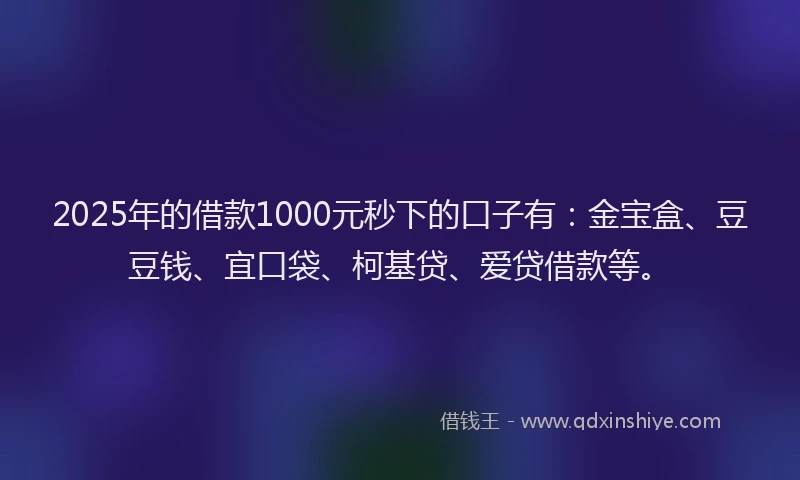2025年的借款1000元秒下的口子有：金宝盒、豆豆钱、宜口袋、柯基贷、爱贷借款等。