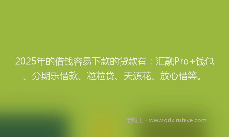 2025年的借钱容易下款的贷款有：汇融Pro+钱包、分期乐借款、粒粒贷、天源花、放心借等。