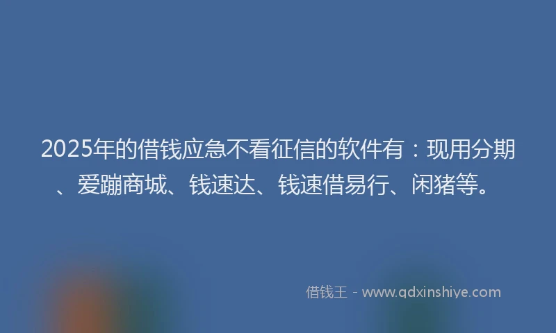 2025年的借钱应急不看征信的软件有：现用分期、爱蹦商城、钱速达、钱速借易行、闲猪等。