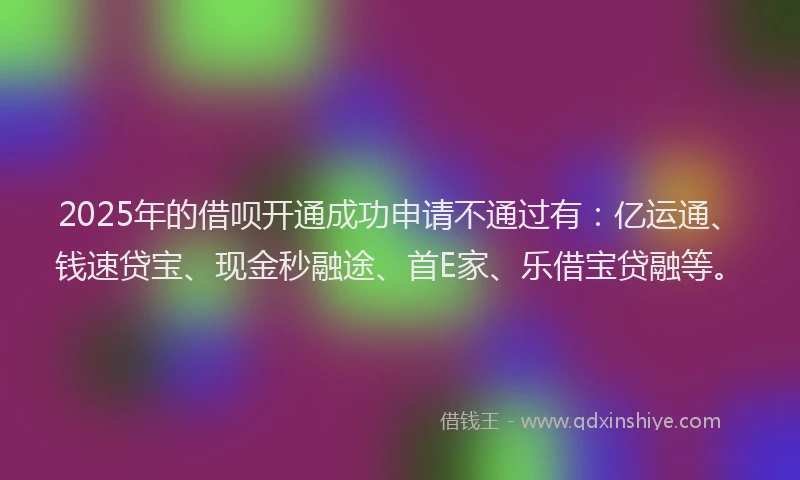 2025年的借呗开通成功申请不通过有：亿运通、钱速贷宝、现金秒融途、首E家、乐借宝贷融等。