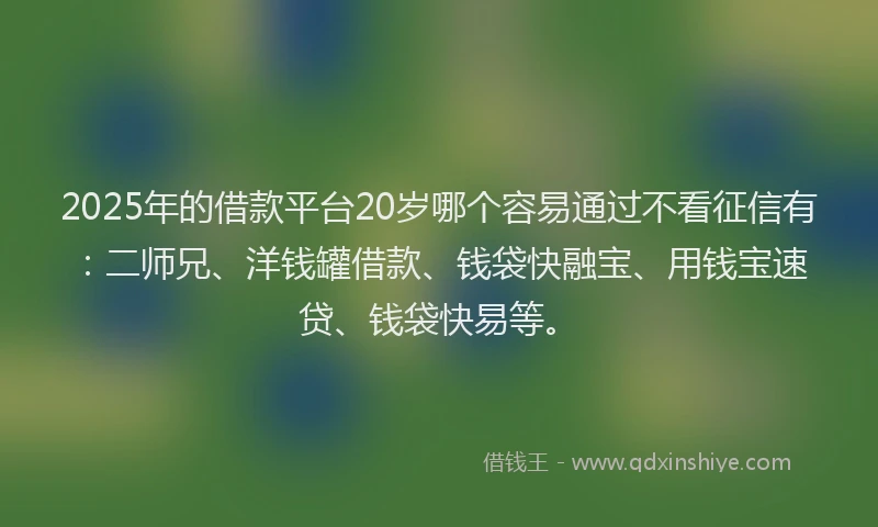 2025年的借款平台20岁哪个容易通过不看征信有：二师兄、洋钱罐借款、钱袋快融宝、用钱宝速贷、钱袋快易等。