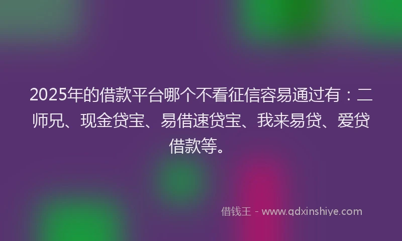 2025年的借款平台哪个不看征信容易通过有：二师兄、现金贷宝、易借速贷宝、我来易贷、爱贷借款等。