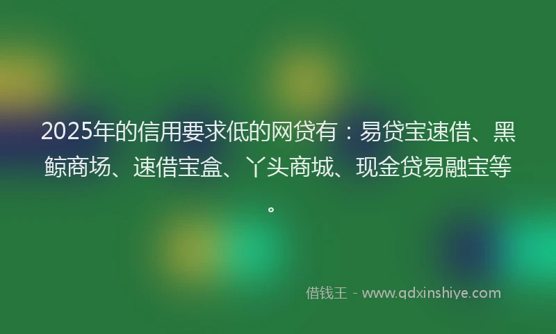 2025年的信用要求低的网贷有：易贷宝速借、黑鲸商场、速借宝盒、丫头商城、现金贷易融宝等。