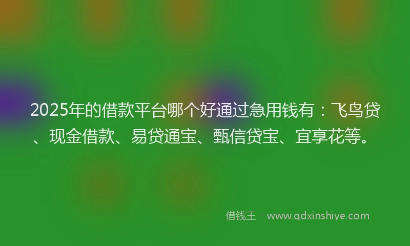 2025年的借款平台哪个好通过急用钱有:飞鸟贷、现金借款、易贷通宝、甄信贷宝、宜享花等。
