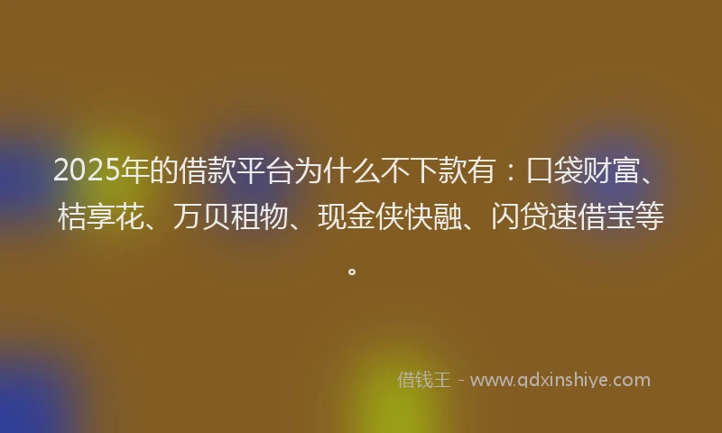 2025年的借款平台为什么不下款有：口袋财富、桔享花、万贝租物、现金侠快融、闪贷速借宝等。