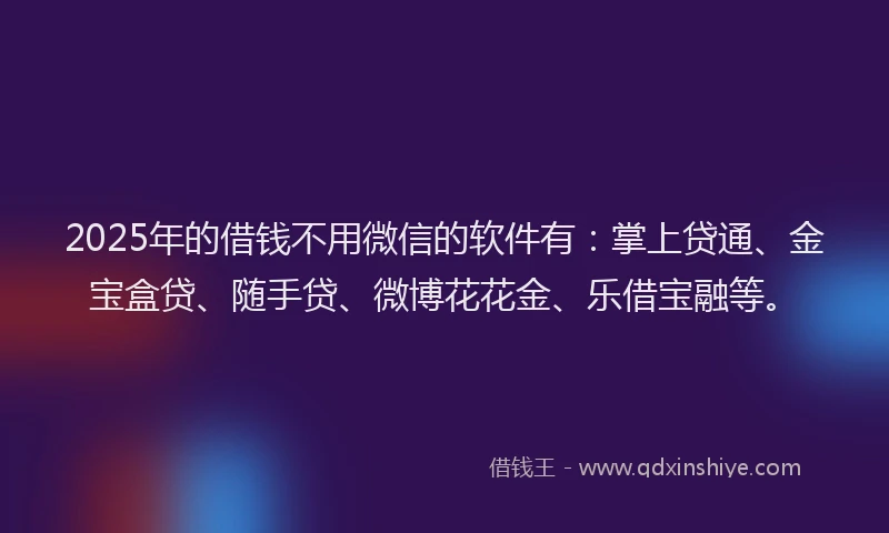 2025年的借钱不用微信的软件有：掌上贷通、金宝盒贷、随手贷、微博花花金、乐借宝融等。