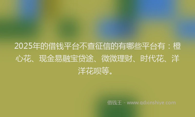2025年的借钱平台不查征信的有哪些平台有：橙心花、现金易融宝贷途、微微理财、时代花、洋洋花呗等。