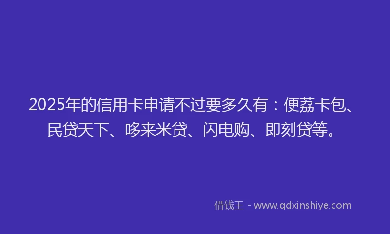 2025年的信用卡申请不过要多久有：便荔卡包、民贷天下、哆来米贷、闪电购、即刻贷等。