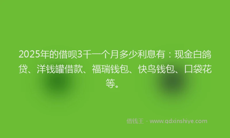 2025年的借呗3千一个月多少利息有：现金白鸽贷、洋钱罐借款、福瑞钱包、快鸟钱包、口袋花等。