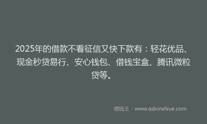 2025年的借款不看征信又快下款有：轻花优品、现金秒贷易行、安心钱包、借钱宝盒、腾讯微粒贷等。