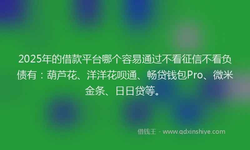 2025年的借款平台哪个容易通过不看征信不看负债有：葫芦花、洋洋花呗通、畅贷钱包Pro、微米金条、日日贷等。