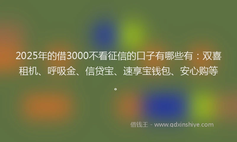 2025年的借3000不看征信的口子有哪些有：双喜租机、呼吸金、信贷宝、速享宝钱包、安心购等。