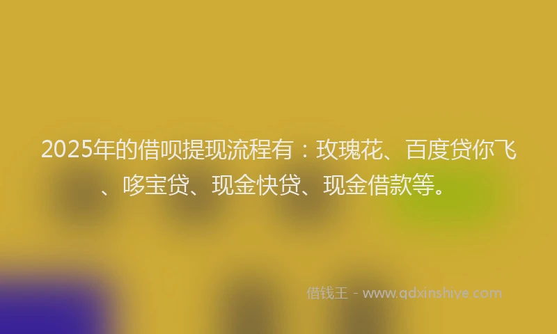 2025年的借呗提现流程有：玫瑰花、百度贷你飞、哆宝贷、现金快贷、现金借款等。