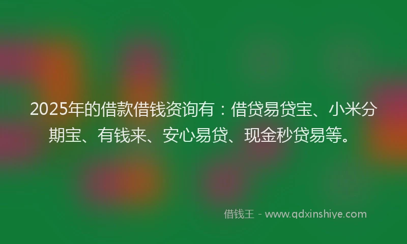 2025年的借款借钱资询有：借贷易贷宝、小米分期宝、有钱来、安心易贷、现金秒贷易等。