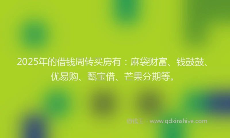 2025年的借钱周转买房有：麻袋财富、钱鼓鼓、优易购、甄宝借、芒果分期等。