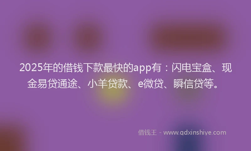 2025年的借钱下款最快的app有：闪电宝盒、现金易贷通途、小羊贷款、e微贷、瞬信贷等。
