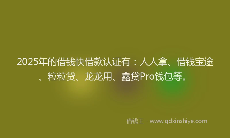 2025年的借钱快借款认证有：人人拿、借钱宝途、粒粒贷、龙龙用、鑫贷Pro钱包等。