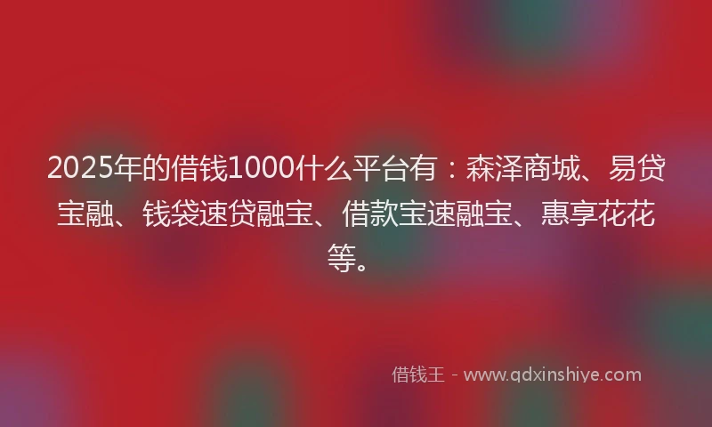 2025年的借钱1000什么平台有：森泽商城、易贷宝融、钱袋速贷融宝、借款宝速融宝、惠享花花等。