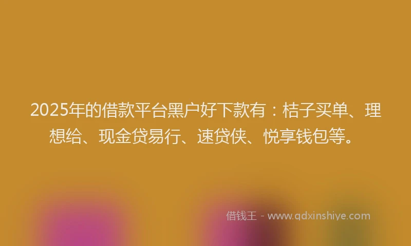 2025年的借款平台黑户好下款有：桔子买单、理想给、现金贷易行、速贷侠、悦享钱包等。