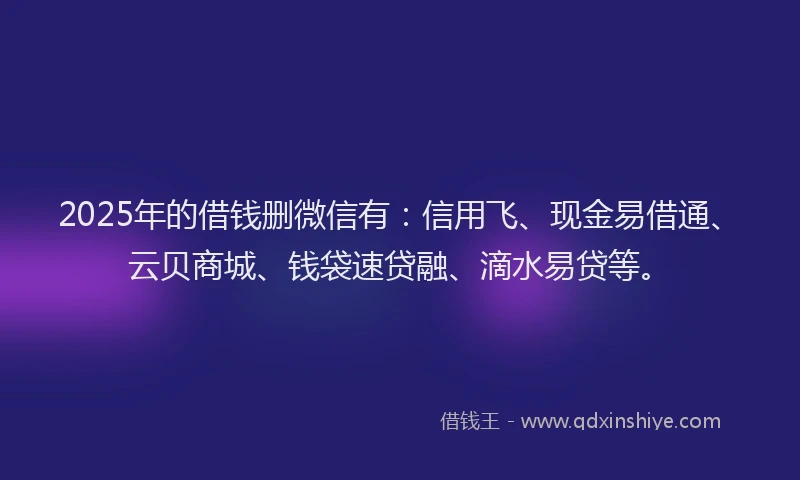 2025年的借钱删微信有：信用飞、现金易借通、云贝商城、钱袋速贷融、滴水易贷等。