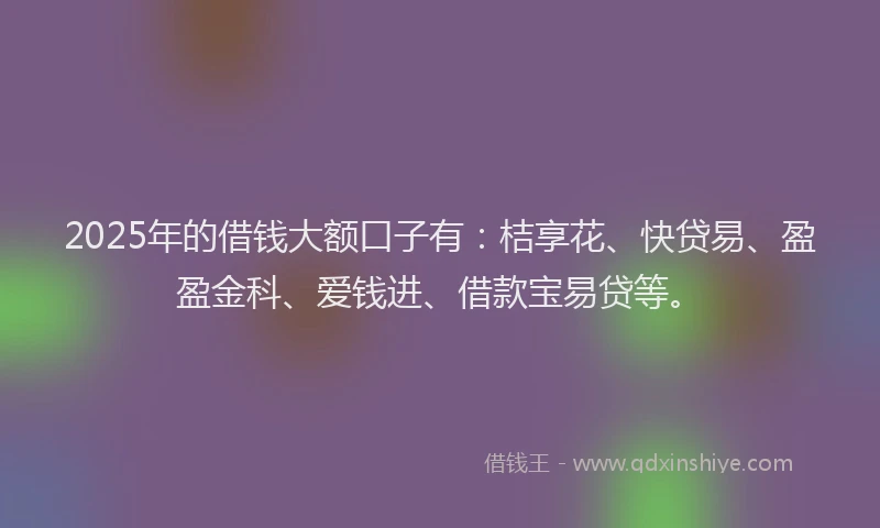 2025年的借钱大额口子有：桔享花、快贷易、盈盈金科、爱钱进、借款宝易贷等。