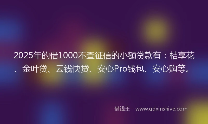 2025年的借1000不查征信的小额贷款有：桔享花、金叶贷、云钱快贷、安心Pro钱包、安心购等。