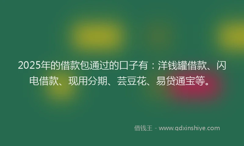 2025年的借款包通过的口子有：洋钱罐借款、闪电借款、现用分期、芸豆花、易贷通宝等。