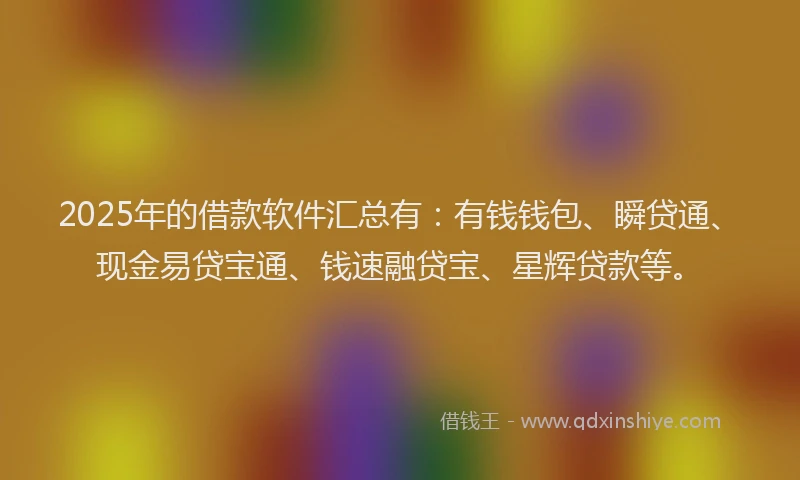 2025年的借款软件汇总有：有钱钱包、瞬贷通、现金易贷宝通、钱速融贷宝、星辉贷款等。