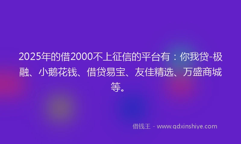 2025年的借2000不上征信的平台有：你我贷-极融、小鹅花钱、借贷易宝、友佳精选、万盛商城等。