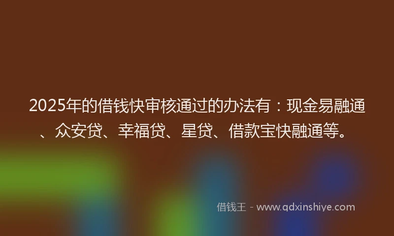 2025年的借钱快审核通过的办法有：现金易融通、众安贷、幸福贷、星贷、借款宝快融通等。