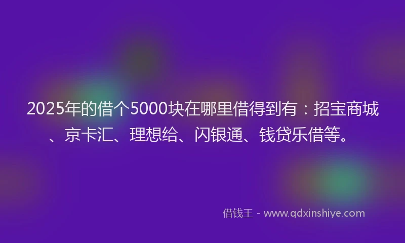 2025年的借个5000块在哪里借得到有：招宝商城、京卡汇、理想给、闪银通、钱贷乐借等。