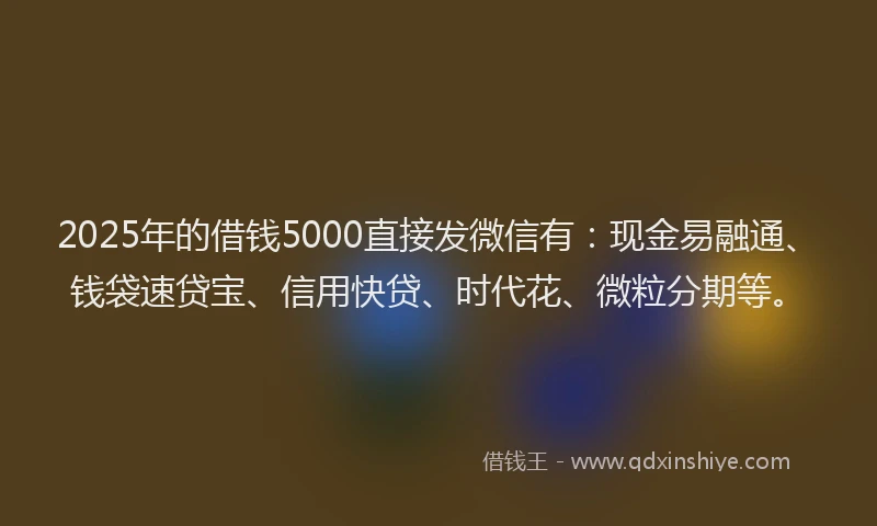 2025年的借钱5000直接发微信有：现金易融通、钱袋速贷宝、信用快贷、时代花、微粒分期等。