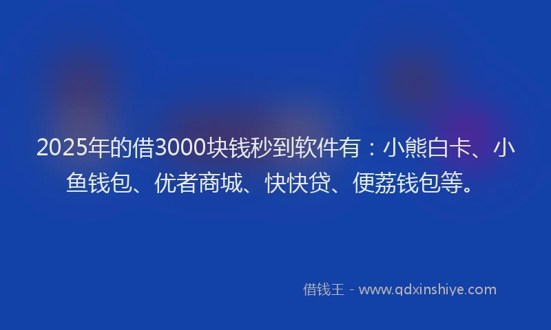 2025年的借3000块钱秒到软件有：小熊白卡、小鱼钱包、优者商城、快快贷、便荔钱包等。