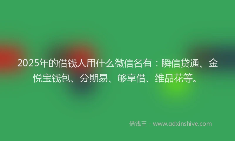2025年的借钱人用什么微信名有：瞬信贷通、金悦宝钱包、分期易、够享借、维品花等。