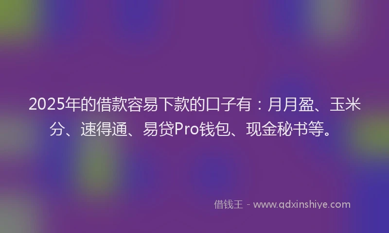 2025年的借款容易下款的口子有：月月盈、玉米分、速得通、易贷Pro钱包、现金秘书等。
