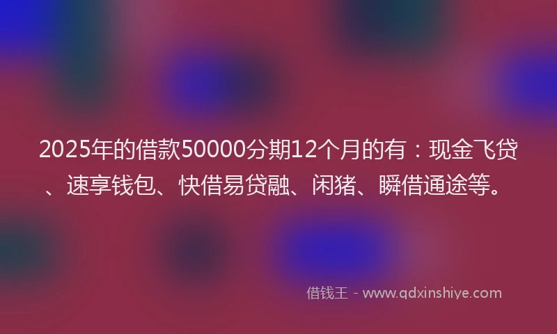 2025年的借款50000分期12个月的有：现金飞贷、速享钱包、快借易贷融、闲猪、瞬借通途等。