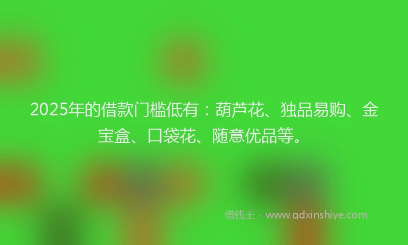2025年的借款门槛低有：葫芦花、独品易购、金宝盒、口袋花、随意优品等。