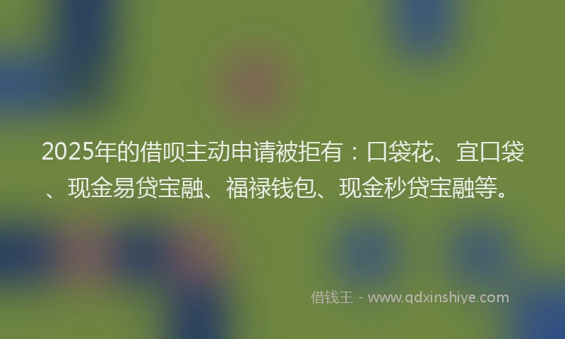 2025年的借呗主动申请被拒有：口袋花、宜口袋、现金易贷宝融、福禄钱包、现金秒贷宝融等。