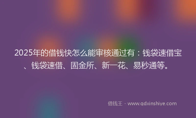 2025年的借钱快怎么能审核通过有：钱袋速借宝、钱袋速借、固金所、新一花、易秒通等。