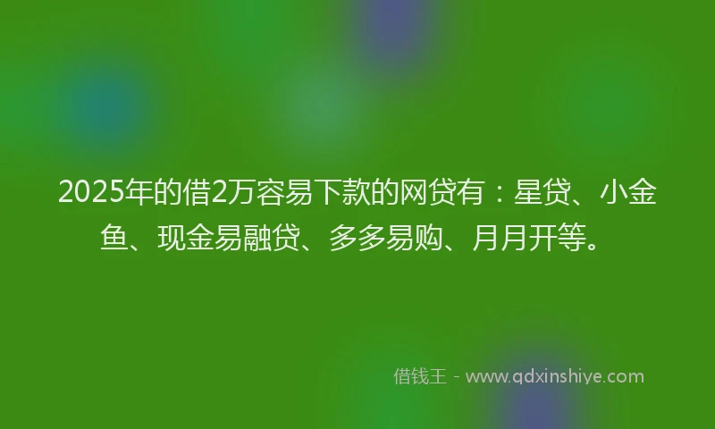 2025年的借2万容易下款的网贷有：星贷、小金鱼、现金易融贷、多多易购、月月开等。