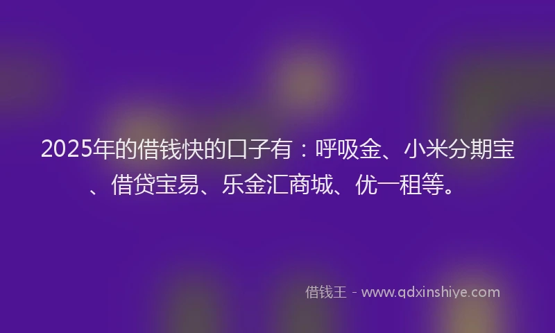 2025年的借钱快的口子有：呼吸金、小米分期宝、借贷宝易、乐金汇商城、优一租等。