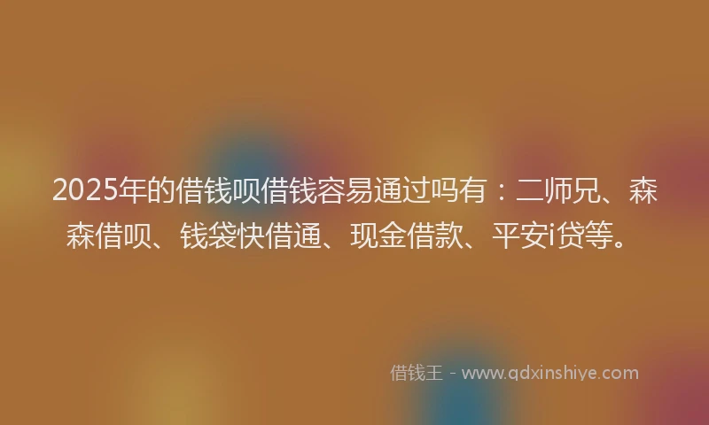 2025年的借钱呗借钱容易通过吗有：二师兄、森森借呗、钱袋快借通、现金借款、平安i贷等。