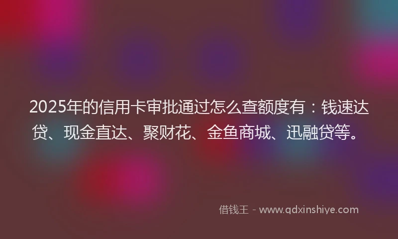 2025年的信用卡审批通过怎么查额度有：钱速达贷、现金直达、聚财花、金鱼商城、迅融贷等。